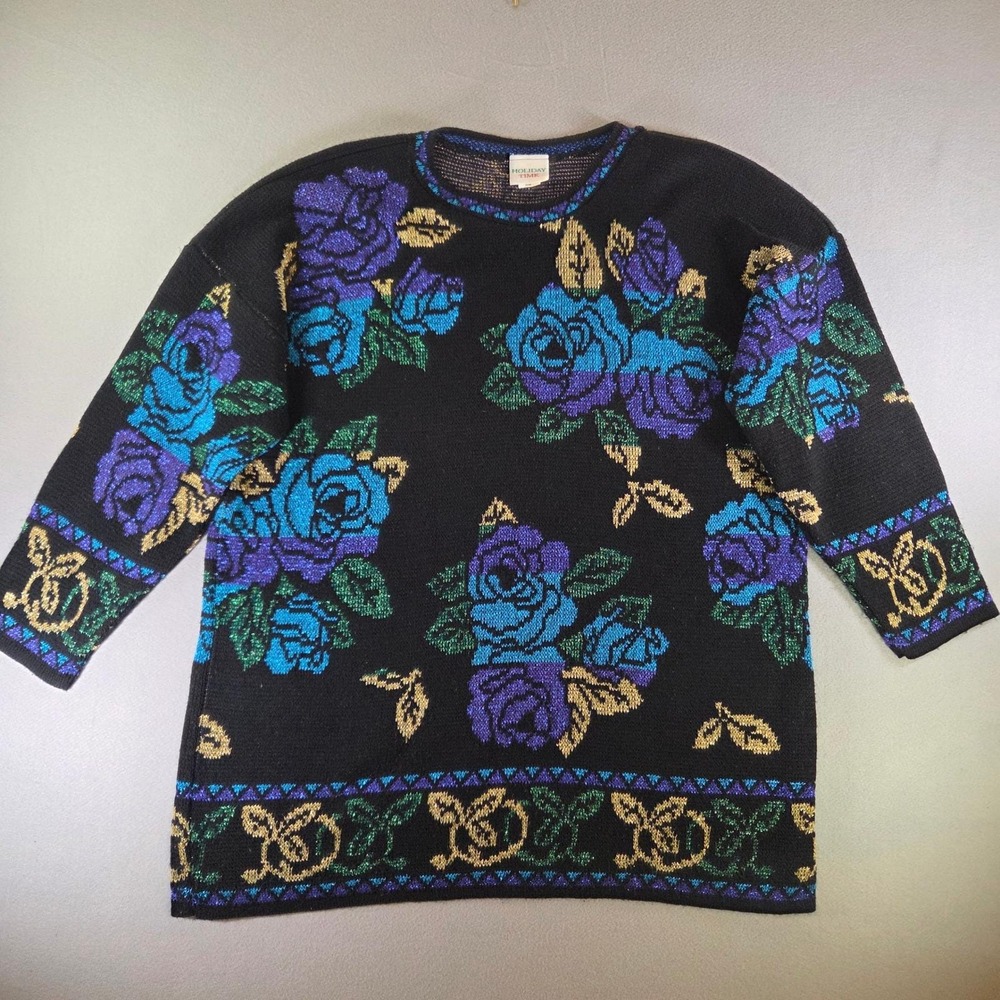 Vintage Holiday Time Metallic Lurex Floral Rose Sweater Black Blue 20W Winter